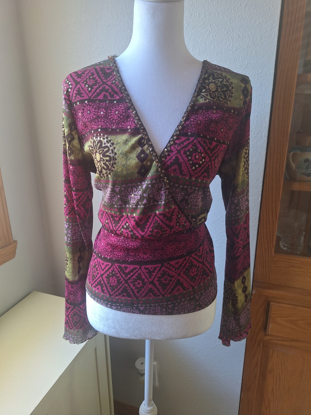 INC International Concepts Purple and Olive Mixed Print V-Neck Long Sleeve Top
